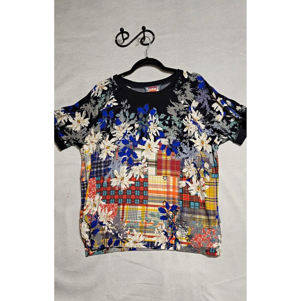 Johnny Was Multicolor Floral Patchwork Embroidered Knit SS Top Size L